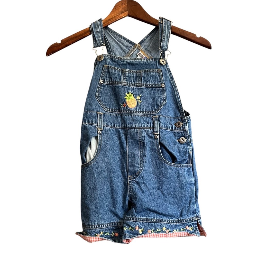 Faded Glory Shortalls Kids 6X Blue Excellent Pineapple Floral Gingham Denim